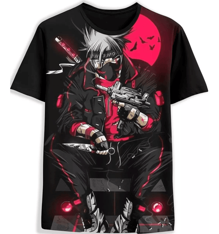 camiseta kakashi arte em preto e vermelho 